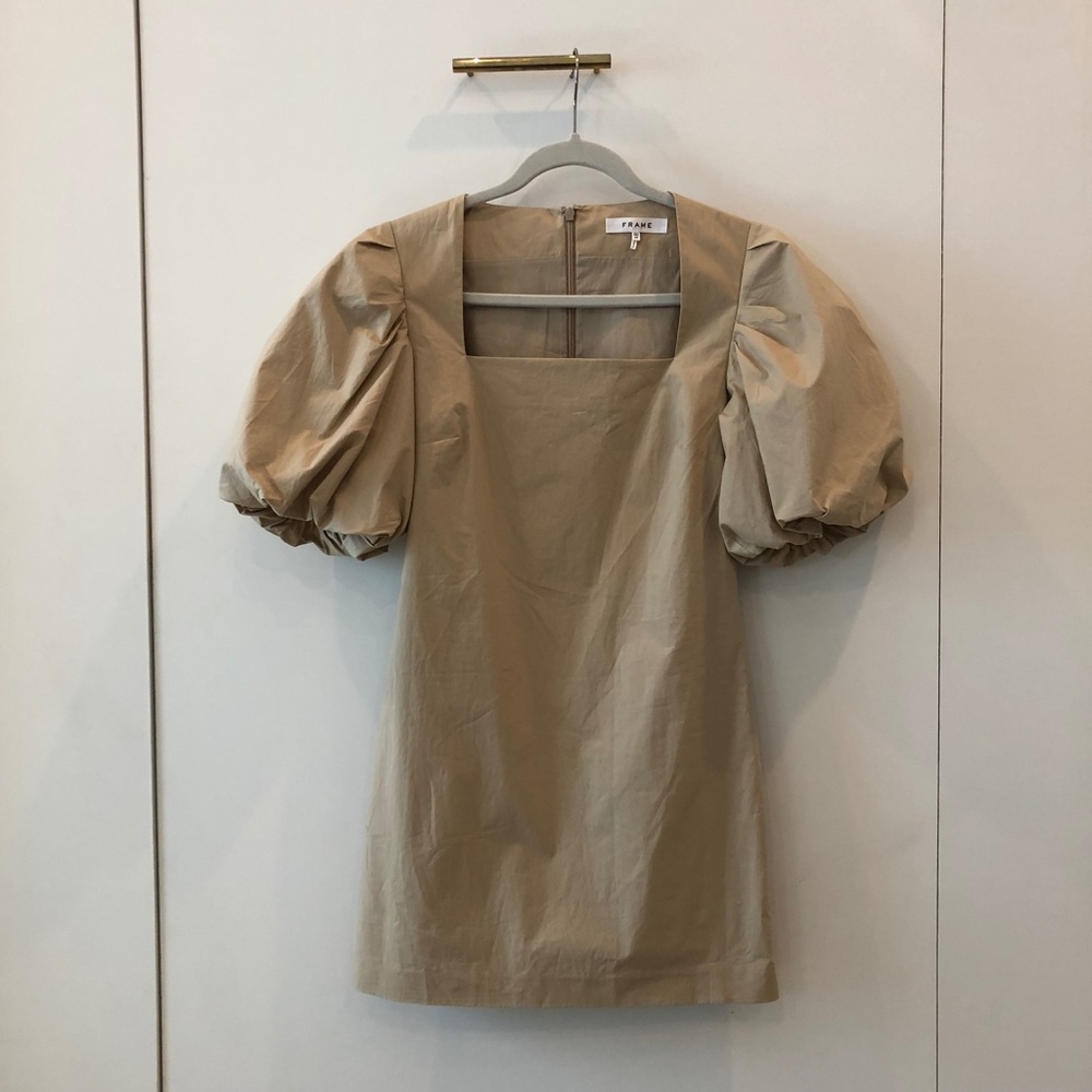 FRAME Nina Pebble Khaki Mini Dress / Puff Short Sleeve Square Neckline Sheath